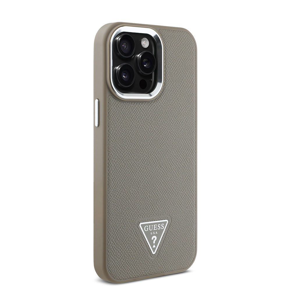 Apple iPhone 15 Pro Max Kılıf Guess Orjinal Lisanslı M-safe Şarj Özellikli Grained Triangle Kapak Siyah