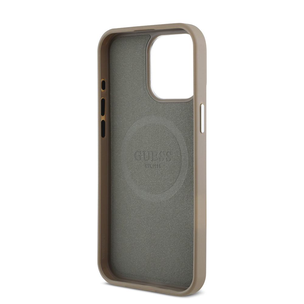 Apple iPhone 15 Pro Max Kılıf Guess Orjinal Lisanslı M-safe Şarj Özellikli Grained Triangle Kapak Siyah
