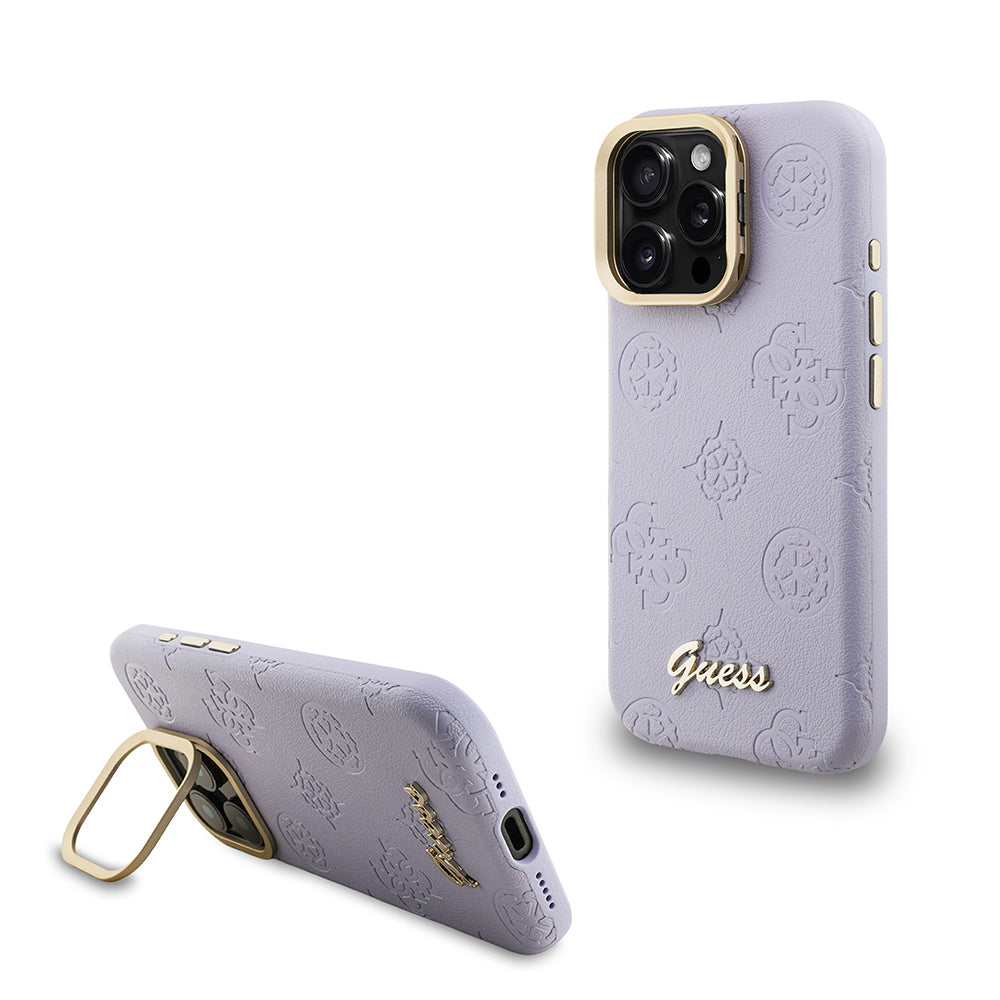 Apple iPhone 15 Pro Max Kılıf Guess Orjinal Lisanslı M-safe Şarj Özellikli Sıcak Baskılı Yazı Logolu Kamera Standlı PU Deri Peony Kapak