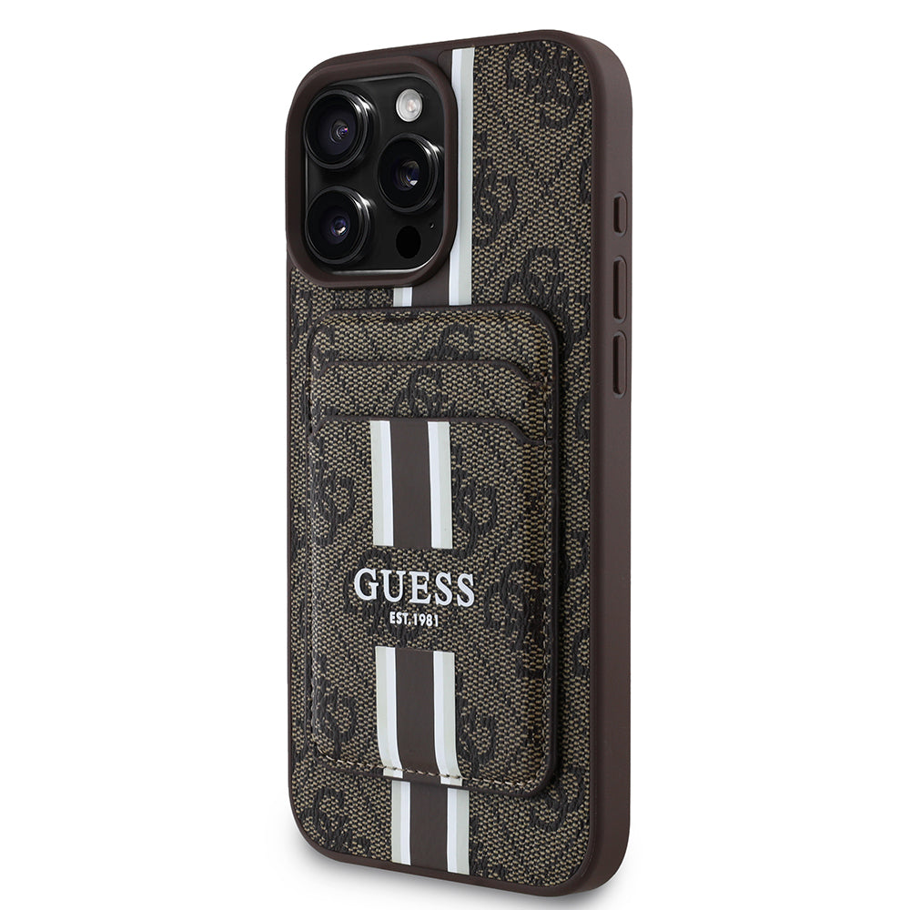 Apple iPhone 15 Pro Max Kılıf Guess Orjinal Lisanslı M-safe Şarj Özellikli 4G Desenli Çizgili Kartlıklı Kapak Kahverengi