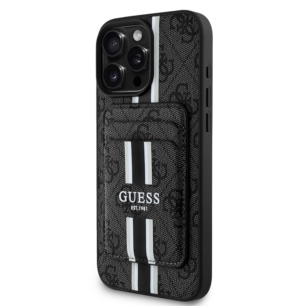 Apple iPhone 15 Pro Max Kılıf Guess Orjinal Lisanslı M-safe Şarj Özellikli 4G Desenli Çizgili Kartlıklı Kapak Kahverengi