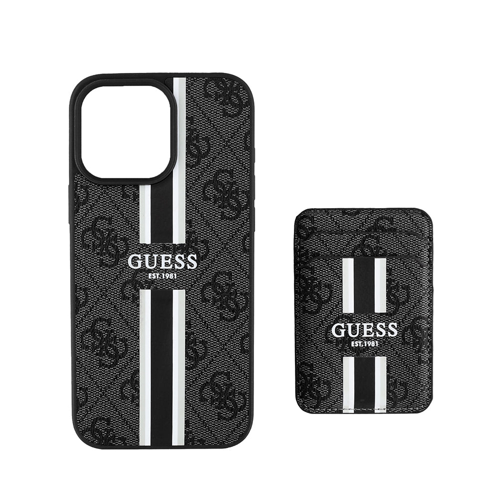 Apple iPhone 15 Pro Max Kılıf Guess Orjinal Lisanslı M-safe Şarj Özellikli 4G Desenli Çizgili Kartlıklı Kapak Kahverengi