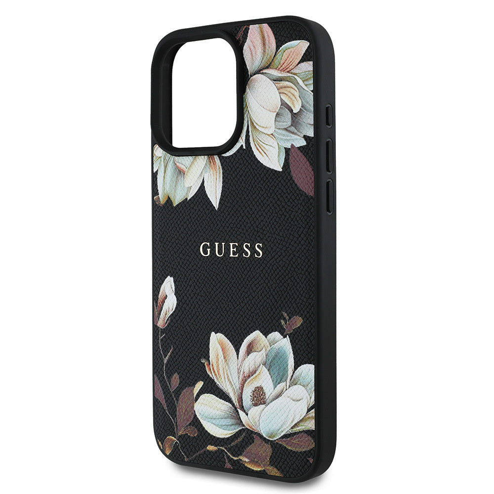 Apple iPhone 15 Pro Max Kılıf Guess Orjinal Lisanslı M-safe Şarj Özellikli Taneli Çiçek Tasarımlı Metal Yazı Logolu Kapak Pembe