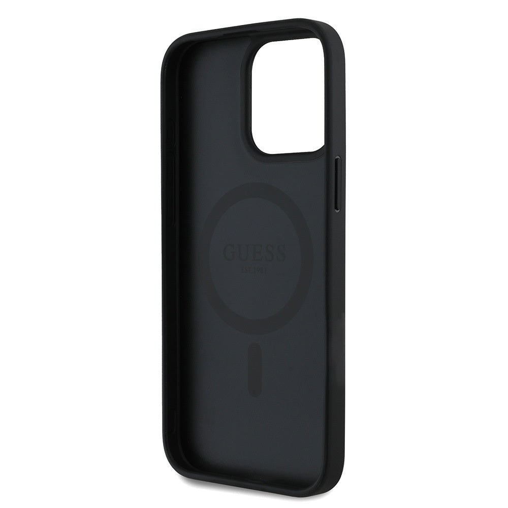Apple iPhone 15 Pro Max Kılıf Guess Orjinal Lisanslı M-safe Şarj Özellikli Taneli Çiçek Tasarımlı Metal Yazı Logolu Kapak Pembe