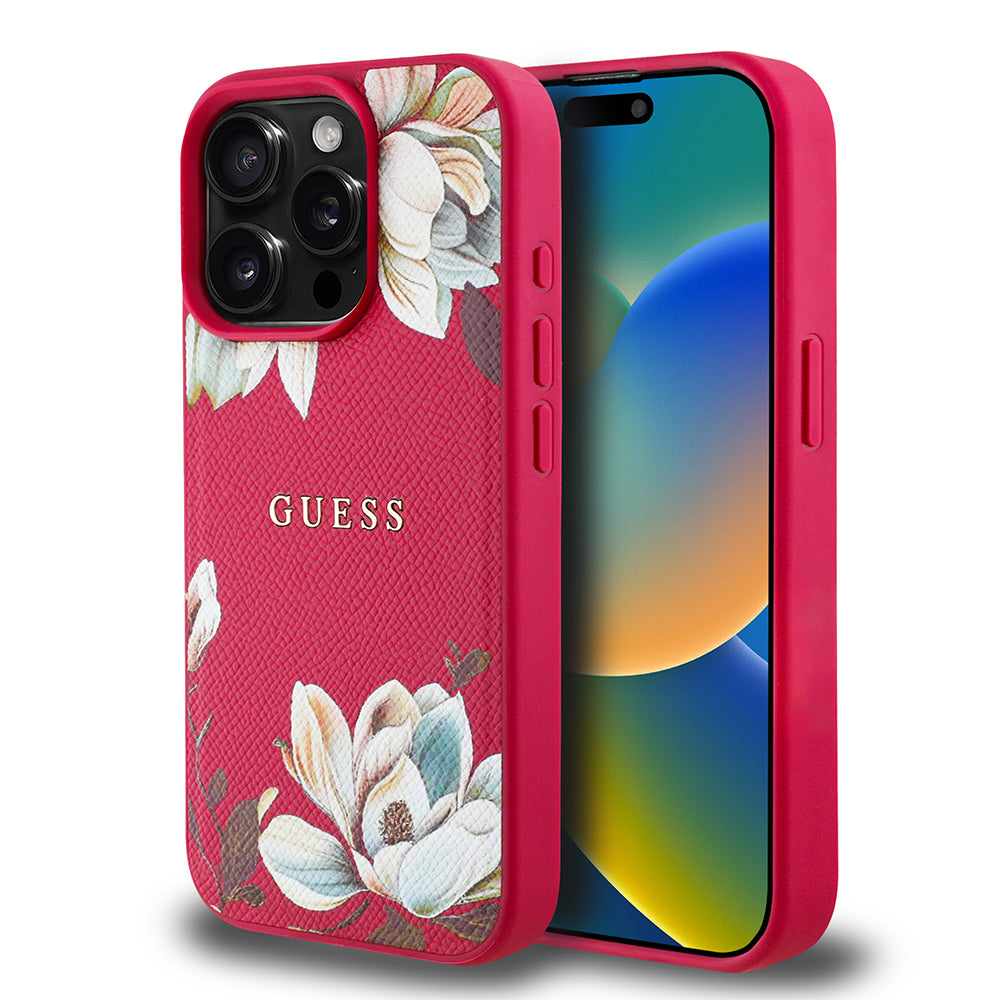 Apple iPhone 15 Pro Max Kılıf Guess Orjinal Lisanslı M-safe Şarj Özellikli Taneli Çiçek Tasarımlı Metal Yazı Logolu Kapak Pembe
