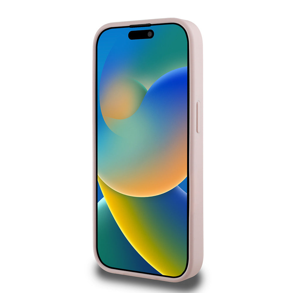 Apple iPhone 15 Pro Max Kılıf Guess Orjinal Lisanslı M-safe Şarj Özellikli Taneli Çiçek Tasarımlı Metal Yazı Logolu Kapak Pembe