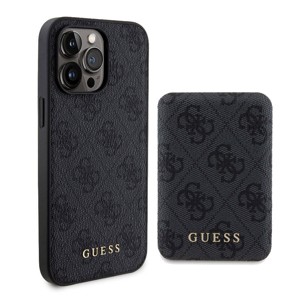 Apple iPhone 15 Pro Max Kılıf Guess Orjinal Lisanslı M-safe Şarj Özellikli Yazı Logolu 4G Desenli Kapak + Powerbank 5000mAh 2in1 Set