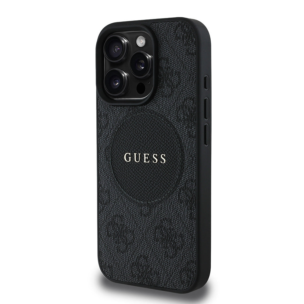 Apple iPhone 15 Pro Max Kılıf Guess Orjinal Lisanslı M-safe Şarj Özellikli Yazı Logolu Circle Classic Kapak Siyah