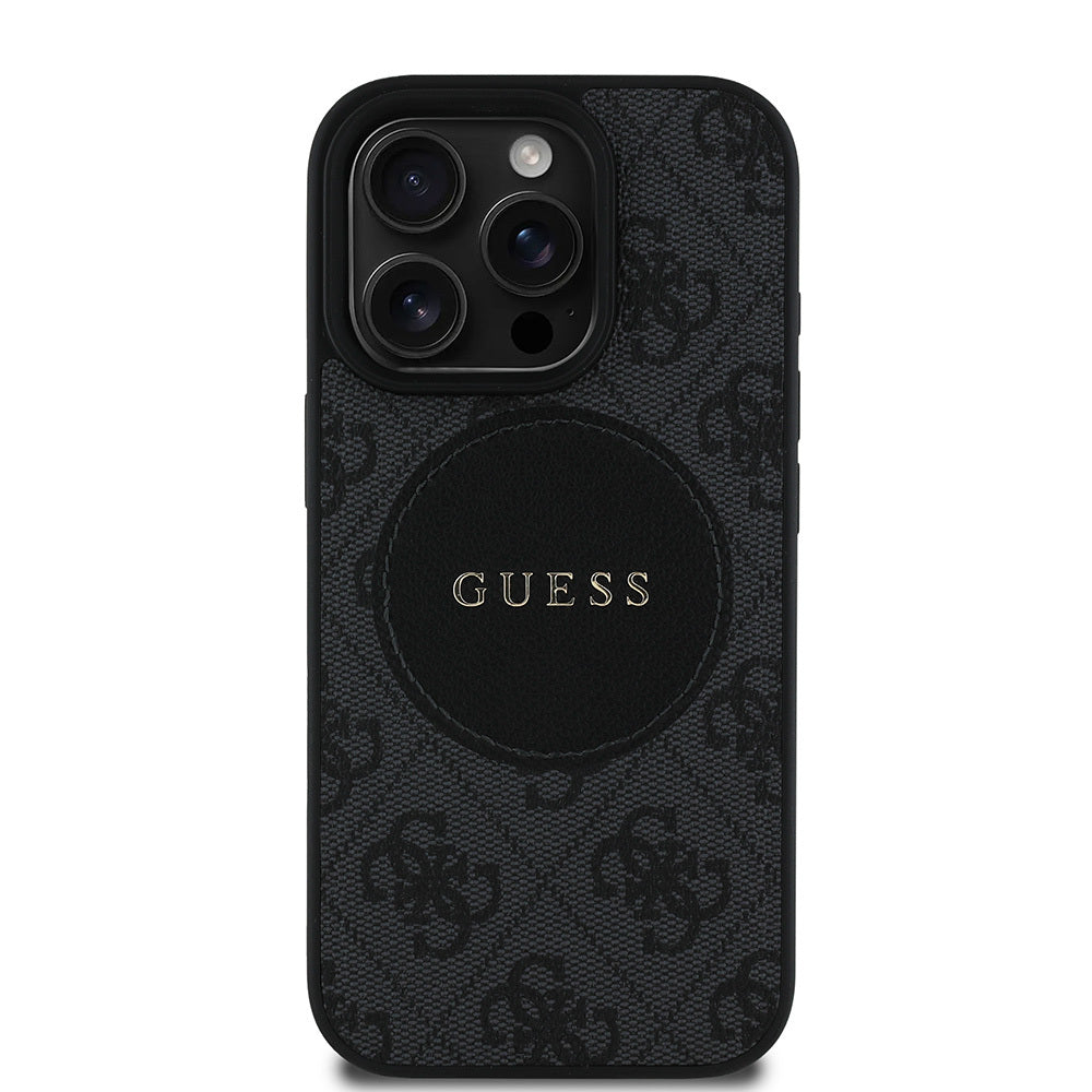 Apple iPhone 15 Pro Max Kılıf Guess Orjinal Lisanslı M-safe Şarj Özellikli Yazı Logolu Circle Classic Kapak Siyah