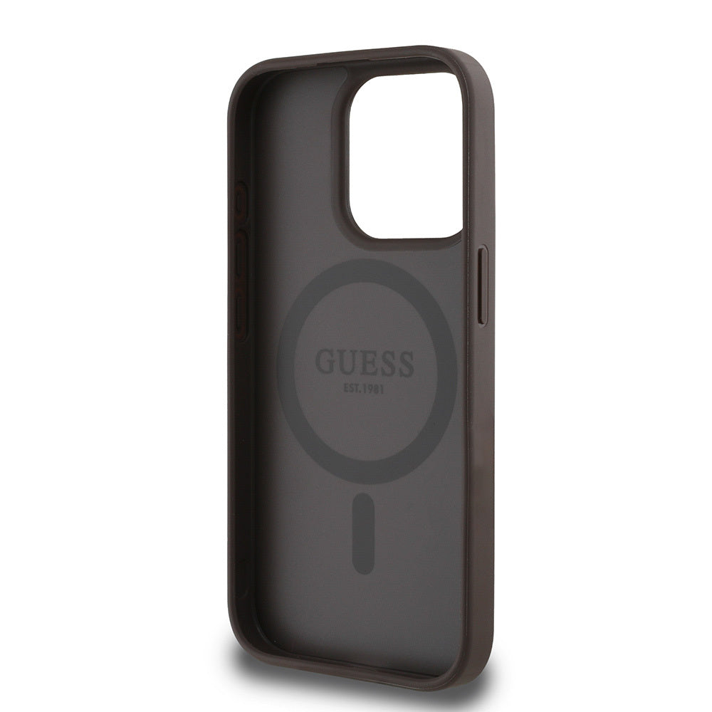 Apple iPhone 15 Pro Max Kılıf Guess Orjinal Lisanslı M-safe Şarj Özellikli Yazı Logolu Circle Classic Kapak Siyah