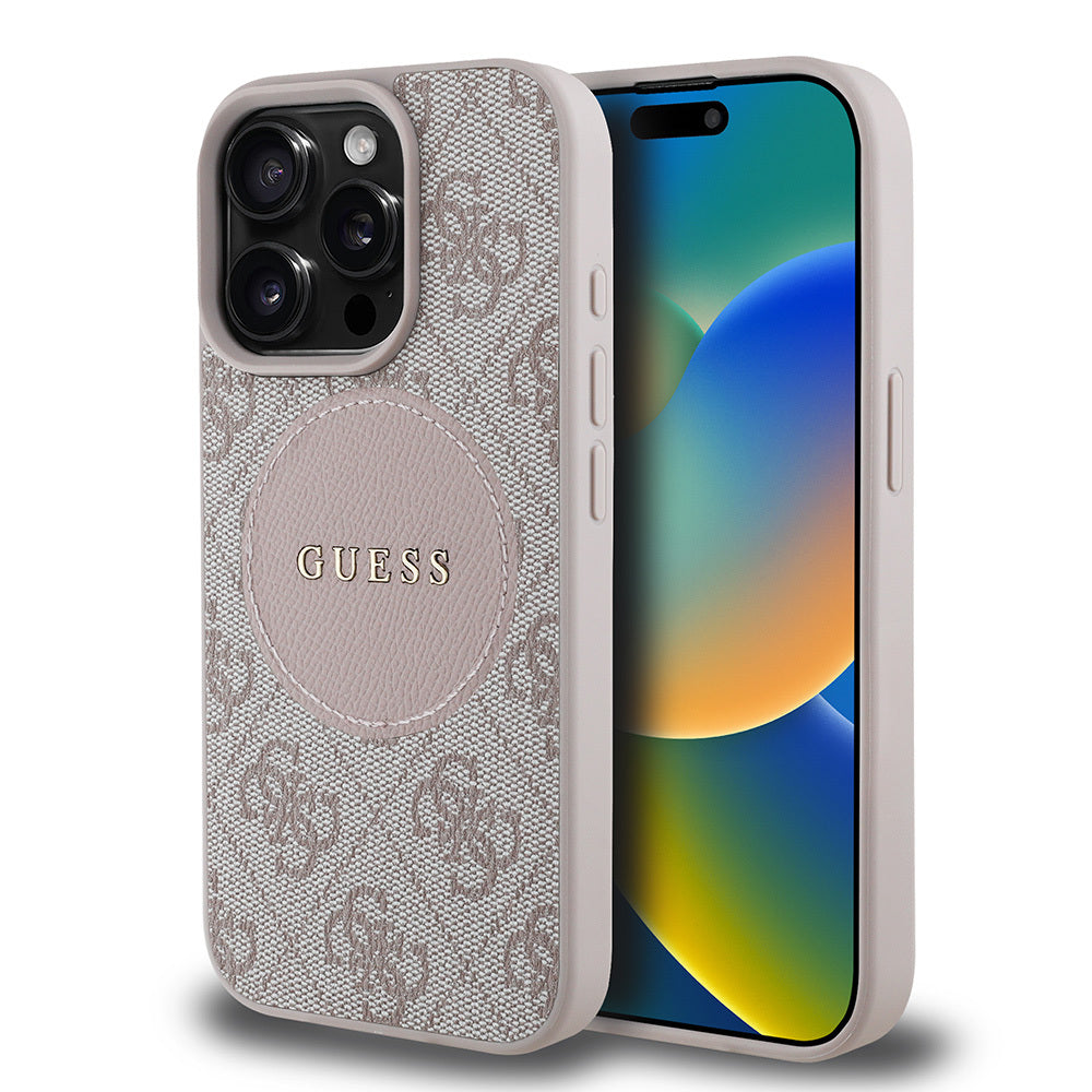 Apple iPhone 15 Pro Max Kılıf Guess Orjinal Lisanslı M-safe Şarj Özellikli Yazı Logolu Circle Classic Kapak Siyah