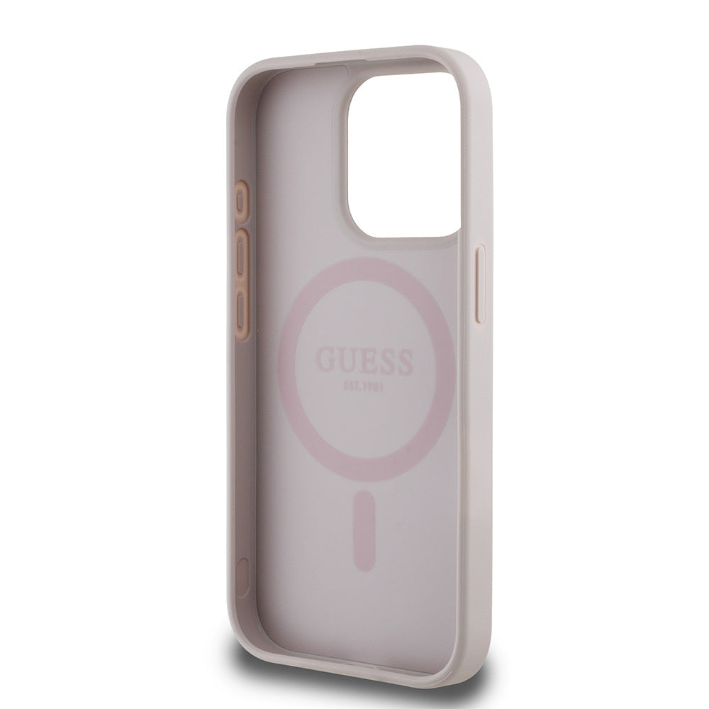 Apple iPhone 15 Pro Max Kılıf Guess Orjinal Lisanslı M-safe Şarj Özellikli Yazı Logolu Circle Classic Kapak Siyah