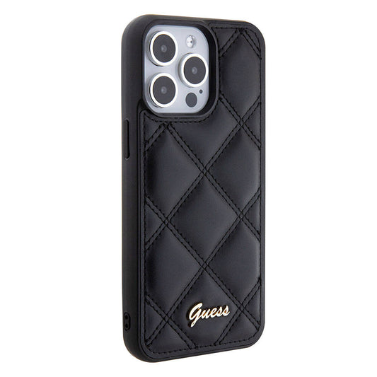 Apple iPhone 15 Pro Max Kılıf Guess Orjinal Lisanslı PU Deri Metal Yazı Logolu Kapitone Kapak