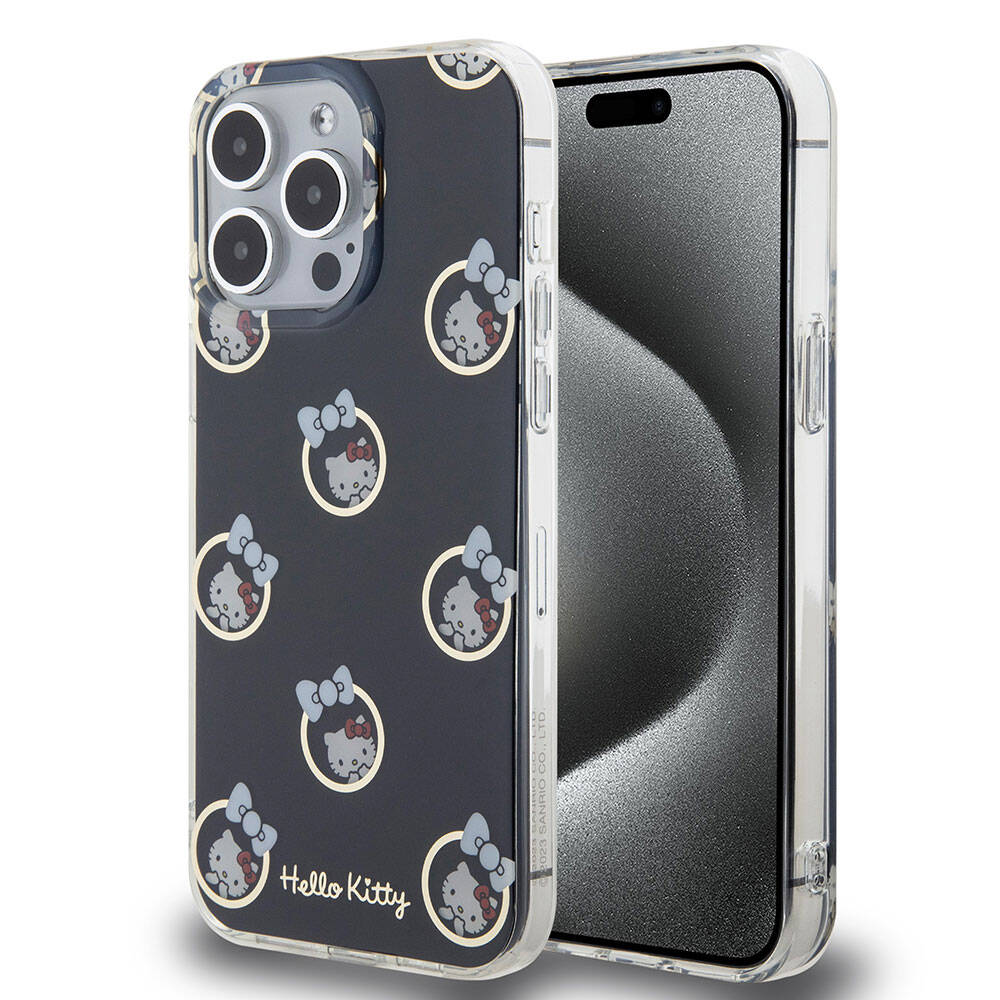 iPhone 15 Pro Max Kılıf Hello Kitty Orjinal Lisanslı Elektroplating Kaplama Kabarcık Baskılı Kılıf Siyah