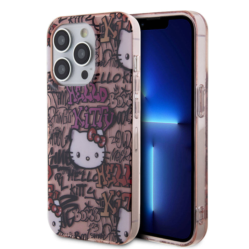 iPhone 15 Pro Max Kılıf Hello Kitty Orjinal Lisanslı İkonik Logolu Etiket Graffiti Kılıf Pembe