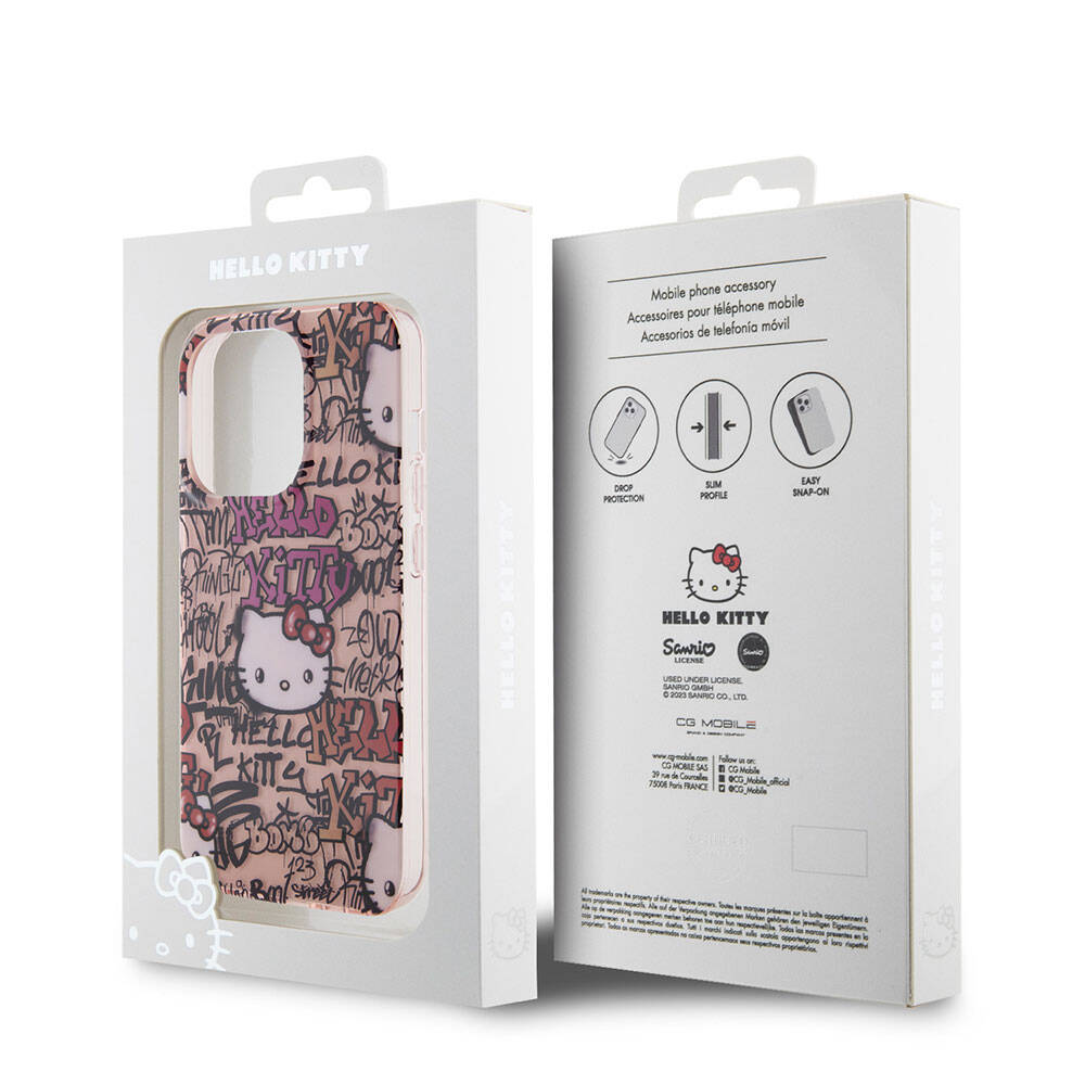 iPhone 15 Pro Max Kılıf Hello Kitty Orjinal Lisanslı İkonik Logolu Etiket Graffiti Kılıf Pembe