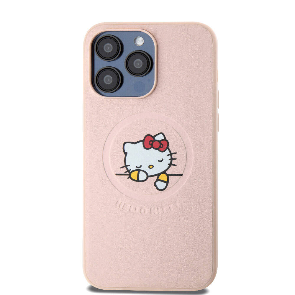 iPhone 15 Pro Max Kılıf Hello Kitty Orjinal Lisanslı Magsafe Şarj Özellikli Baskı Logolu Uyuyan Kitty Deri Kılıf Gümüş