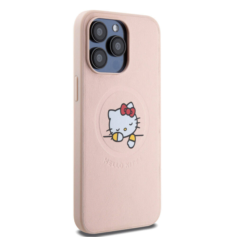 iPhone 15 Pro Max Kılıf Hello Kitty Orjinal Lisanslı Magsafe Şarj Özellikli Baskı Logolu Uyuyan Kitty Deri Kılıf Pembe
