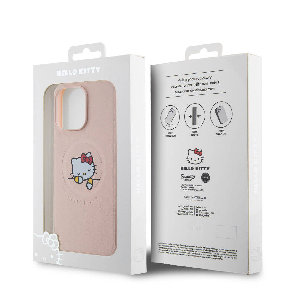 iPhone 15 Pro Max Kılıf Hello Kitty Orjinal Lisanslı Magsafe Şarj Özellikli Baskı Logolu Uyuyan Kitty Deri Kılıf Pembe