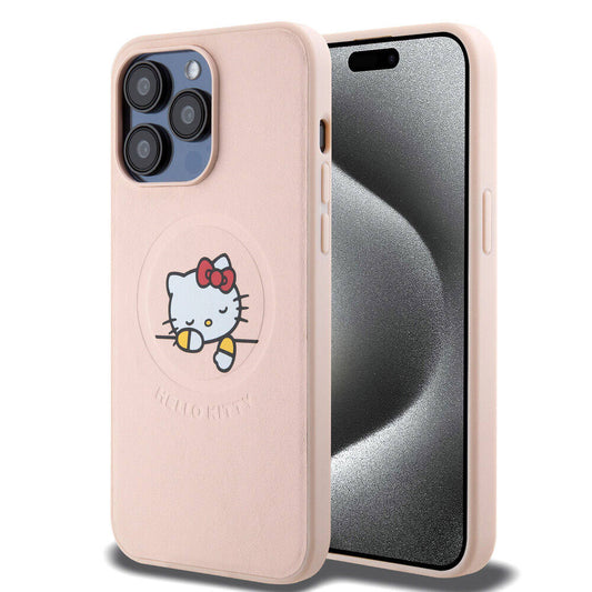 iPhone 15 Pro Max Kılıf Hello Kitty Orjinal Lisanslı Magsafe Şarj Özellikli Baskı Logolu Uyuyan Kitty Deri Kılıf Pembe