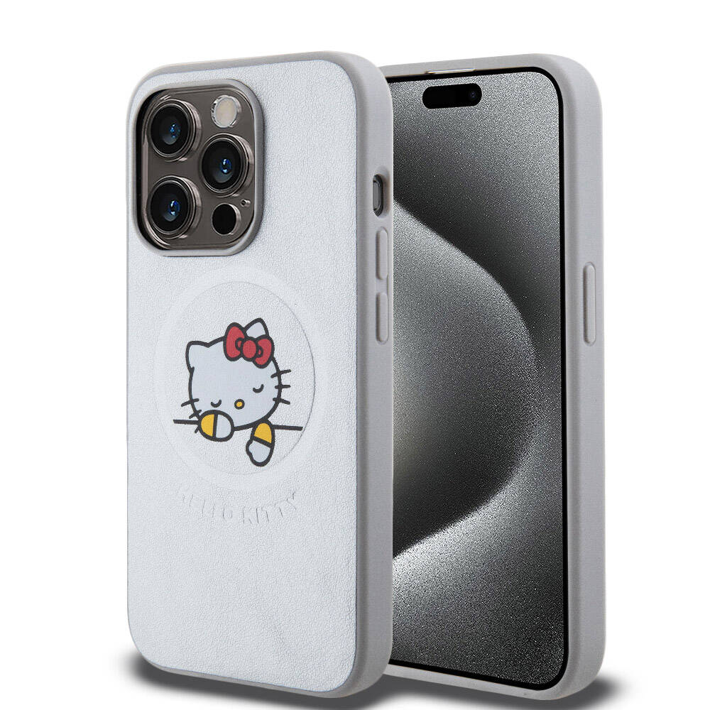 iPhone 15 Pro Max Kılıf Hello Kitty Orjinal Lisanslı Magsafe Şarj Özellikli Baskı Logolu Uyuyan Kitty Deri Kılıf Gümüş