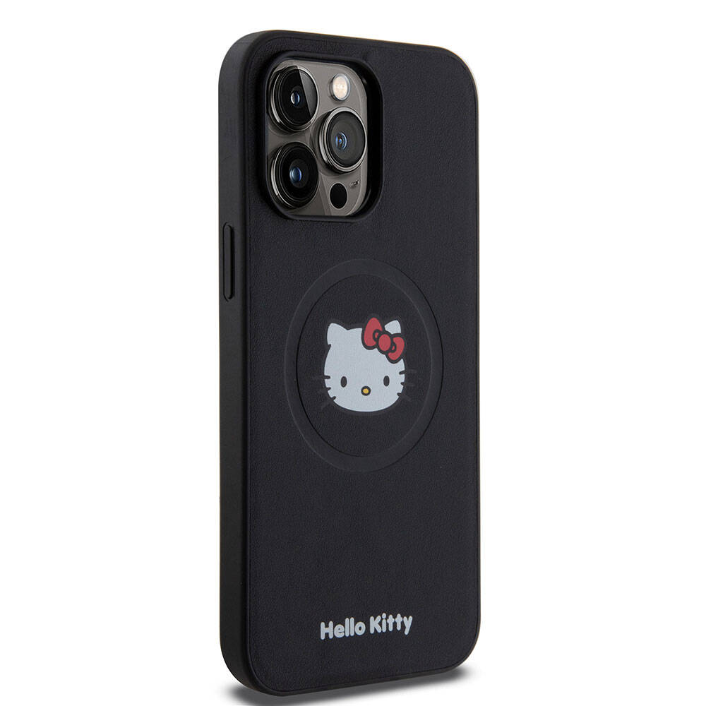iPhone 15 Pro Max Kılıf Hello Kitty Orjinal Lisanslı Magsafe Şarj Özellikli Kitty Head Deri Kılıf Siyah
