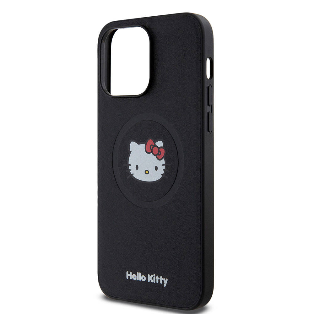 iPhone 15 Pro Max Kılıf Hello Kitty Orjinal Lisanslı Magsafe Şarj Özellikli Kitty Head Deri Kılıf Siyah