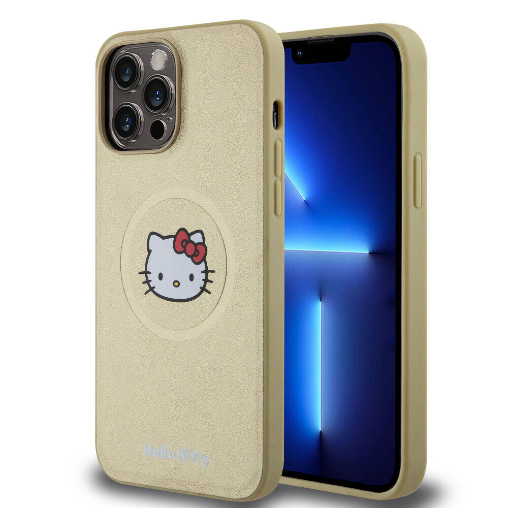 iPhone 15 Pro Max Kılıf Hello Kitty Orjinal Lisanslı Magsafe Şarj Özellikli Kitty Head Deri Kılıf Gold