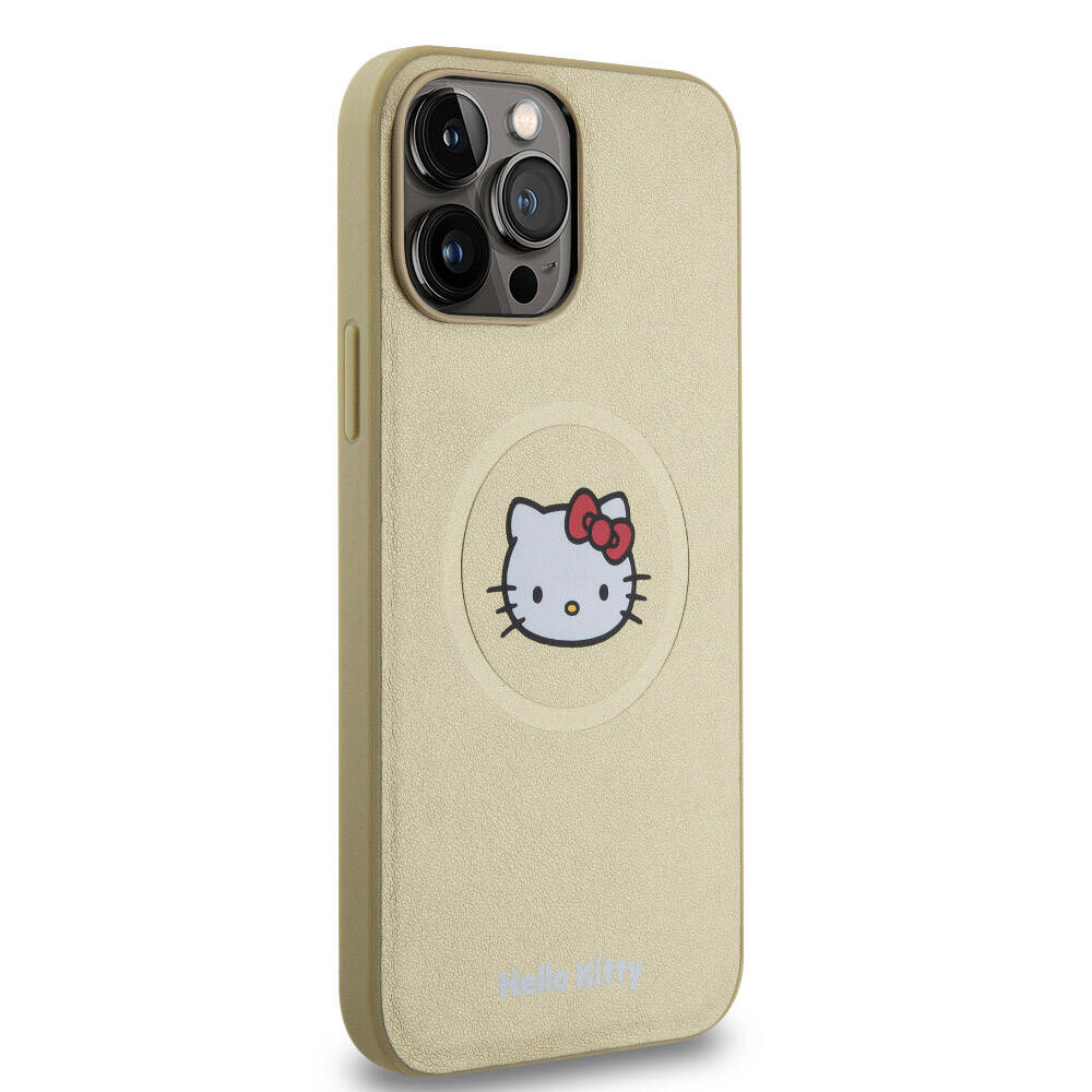 iPhone 15 Pro Max Kılıf Hello Kitty Orjinal Lisanslı Magsafe Şarj Özellikli Kitty Head Deri Kılıf Gold
