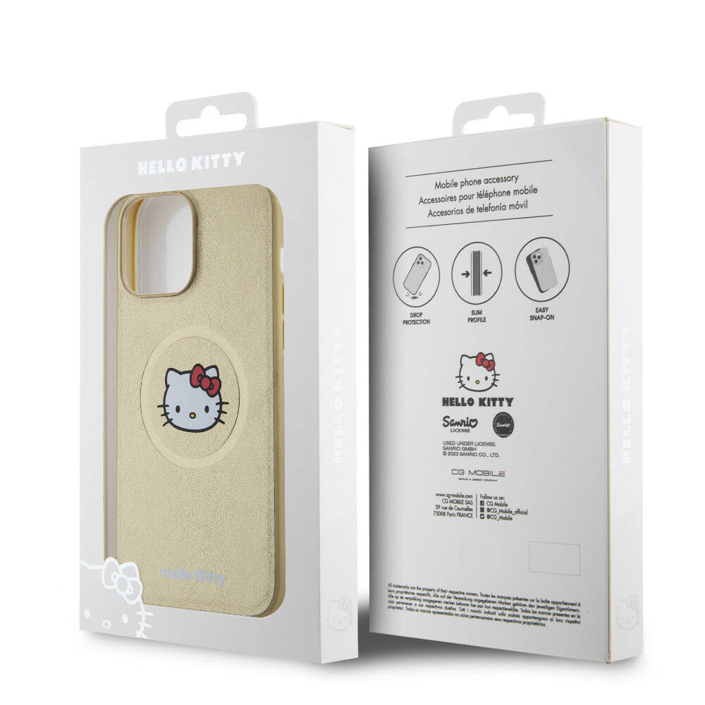 iPhone 15 Pro Max Kılıf Hello Kitty Orjinal Lisanslı Magsafe Şarj Özellikli Kitty Head Deri Kılıf Gold
