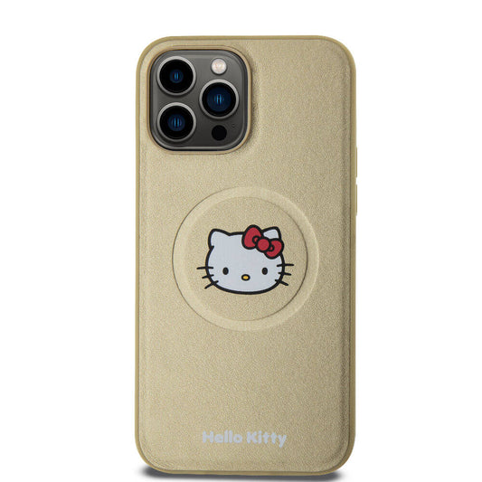 iPhone 15 Pro Max Kılıf Hello Kitty Orjinal Lisanslı Magsafe Şarj Özellikli Kitty Head Deri Kılıf Gold