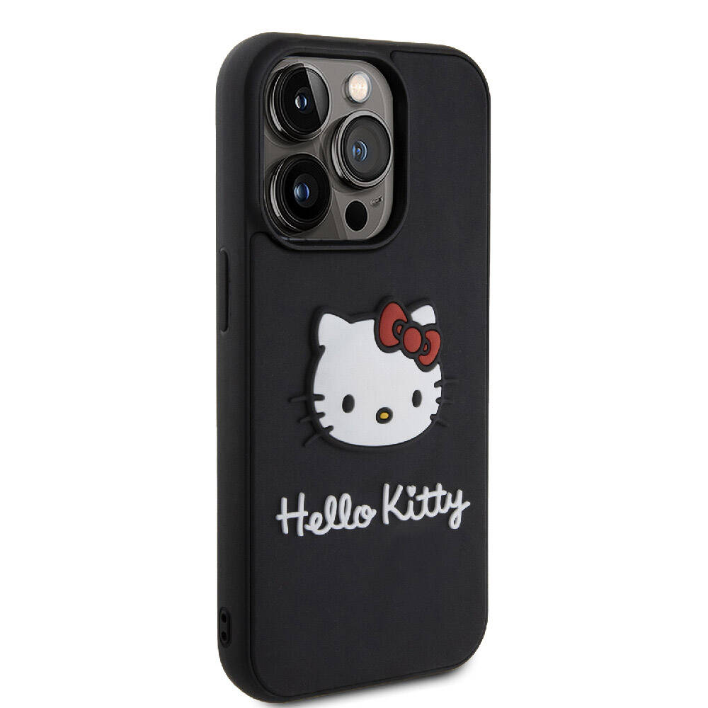 iPhone 15 Pro Max Kılıf Hello Kitty Orjinal Lisanslı Yazı ve İkonik Logolu 3D Rubber Kitty Head Kılıf Siyah