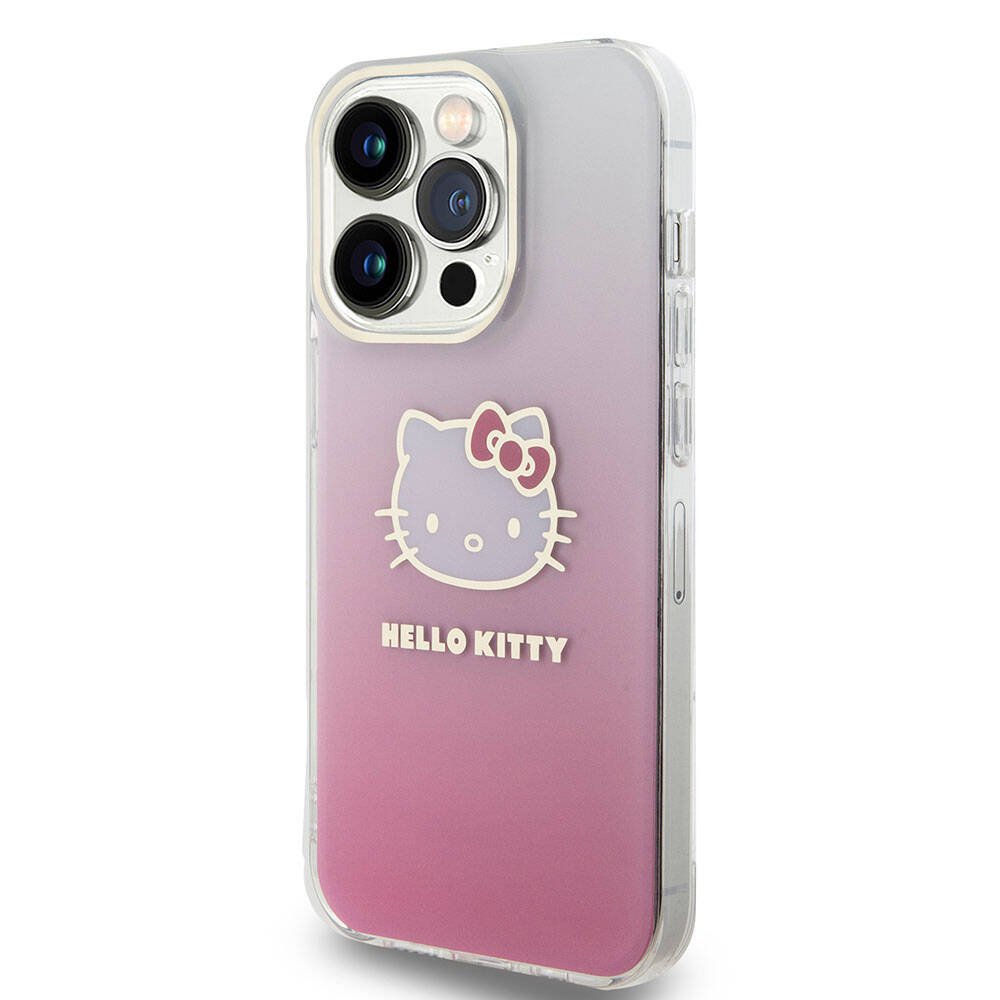 iPhone 15 Pro Max Kılıf Hello Kitty Orjinal Lisanslı Yazı ve İkonik Logolu Elektroplating Kaplama Gradyan Kılıf Pembe