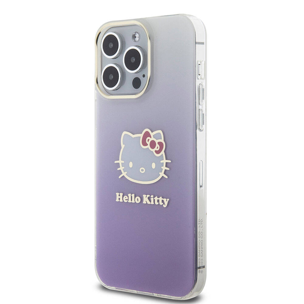 iPhone 15 Pro Max Kılıf Hello Kitty Orjinal Lisanslı Yazı ve İkonik Logolu Elektroplating Kaplama Gradyan Kılıf Mor