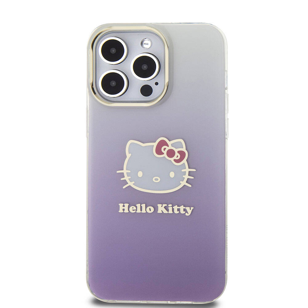 iPhone 15 Pro Max Kılıf Hello Kitty Orjinal Lisanslı Yazı ve İkonik Logolu Elektroplating Kaplama Gradyan Kılıf Pembe