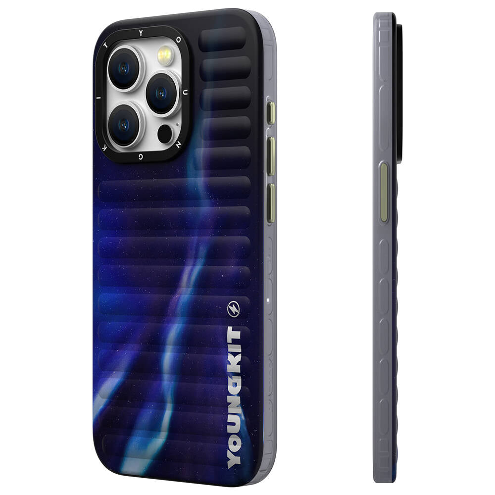 iPhone 15 Pro Max Kılıf Kuzey Işıkları Desenli Youngkit Aurora Serisi Kılıf Mavi