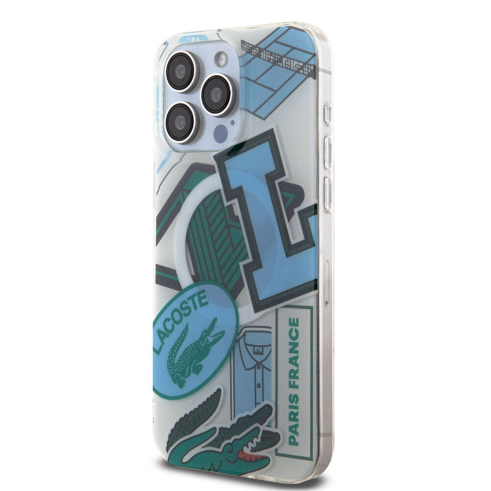 iPhone 15 Pro Max Kılıf Lacoste Orjinal Lisanslı Magsafe Şarj Özellikli Çift Katmanlı Yamalar Desenli Kılıf Mavi