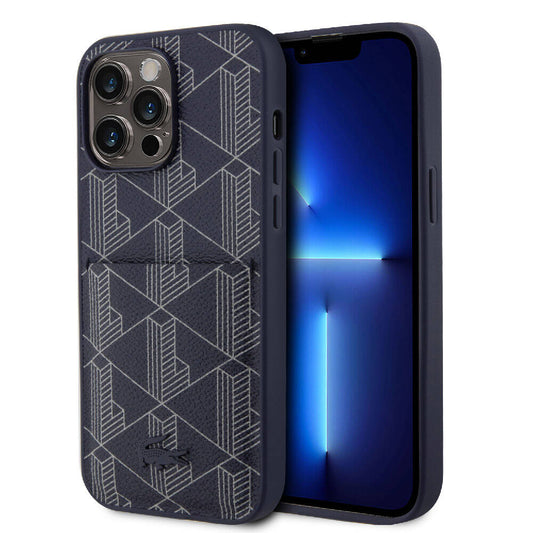 iPhone 15 Pro Max Kılıf Lacoste Orjinal Lisanslı Magsafe Şarj Özellikli PU Deri Görünümlü Kartlıklı Karışık Monogram Desenli Kılıf Lacivert