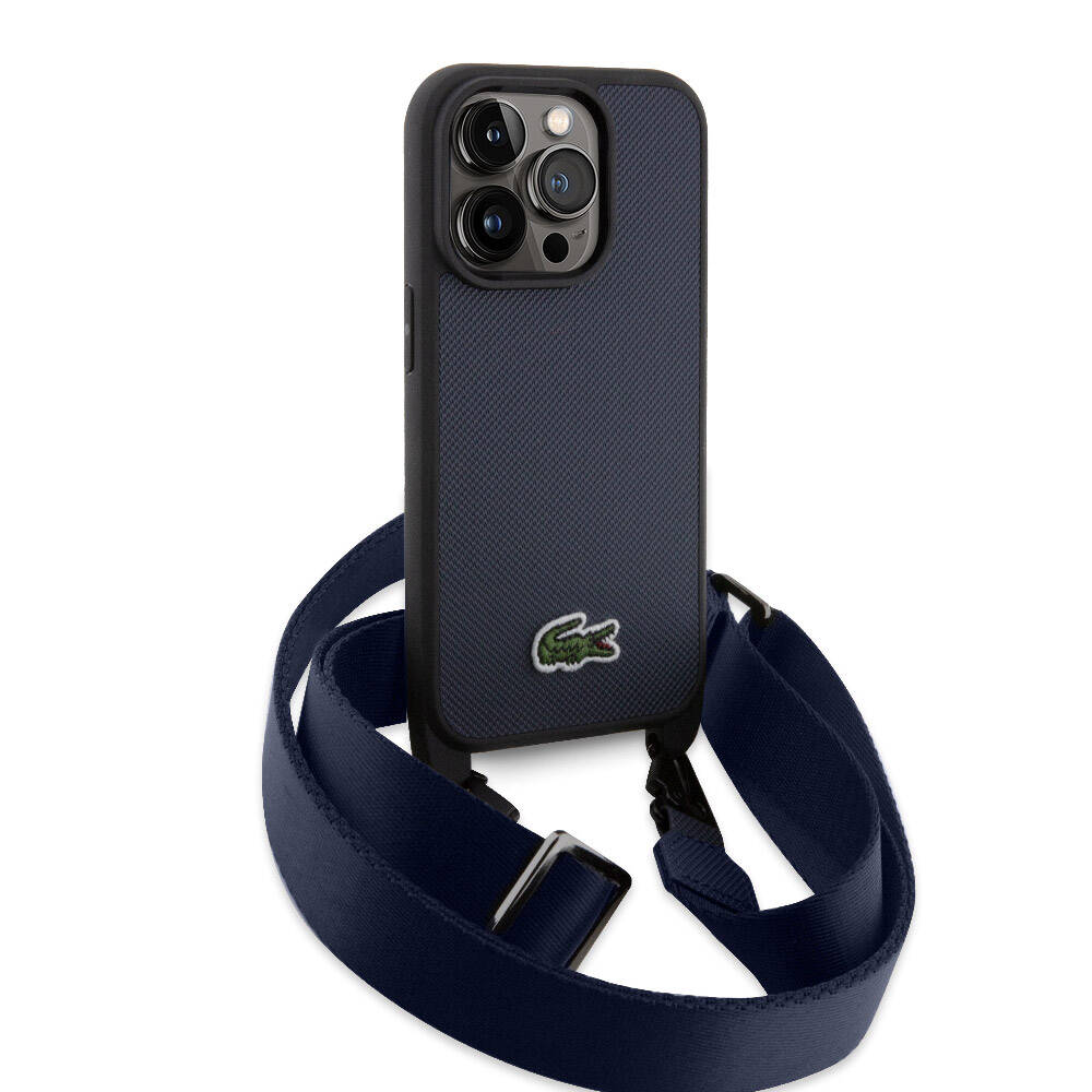 iPhone 15 Pro Max Kılıf Lacoste Orjinal Lisanslı PU Pike Desenli Arka Yüzey Askılı İkonik Timsah Dokuma Logolu Kılıf Kırmızı