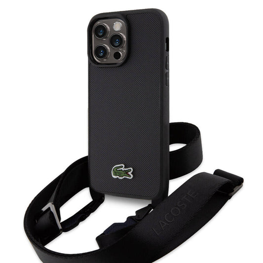 iPhone 15 Pro Max Kılıf Lacoste Orjinal Lisanslı PU Pike Desenli Arka Yüzey Askılı İkonik Timsah Dokuma Logolu Kılıf Siyah