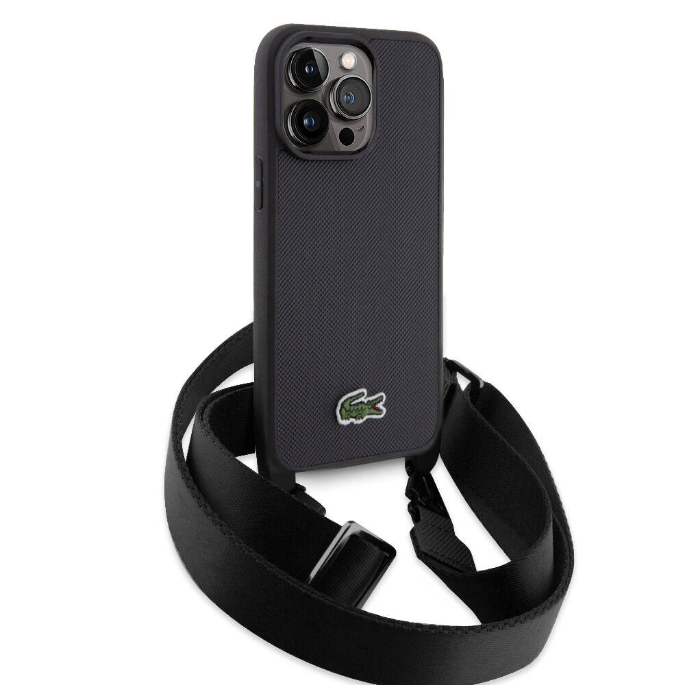 iPhone 15 Pro Max Kılıf Lacoste Orjinal Lisanslı PU Pike Desenli Arka Yüzey Askılı İkonik Timsah Dokuma Logolu Kılıf Yeşil