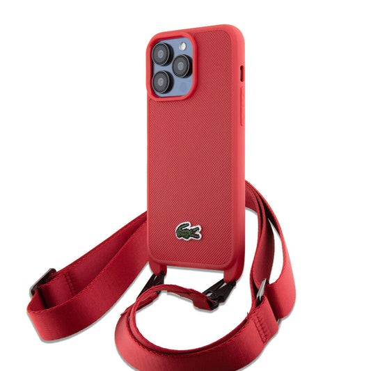 iPhone 15 Pro Max Kılıf Lacoste Orjinal Lisanslı PU Pike Desenli Arka Yüzey Askılı İkonik Timsah Dokuma Logolu Kılıf Kırmızı