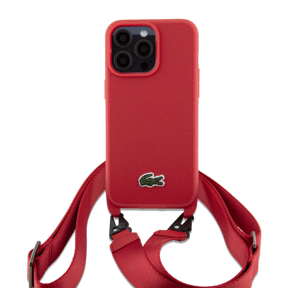 iPhone 15 Pro Max Kılıf Lacoste Orjinal Lisanslı PU Pike Desenli Arka Yüzey Askılı İkonik Timsah Dokuma Logolu Kılıf Siyah