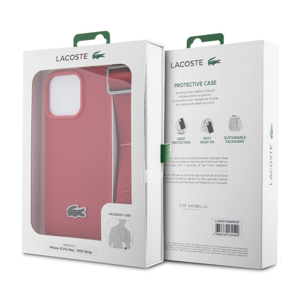 iPhone 15 Pro Max Kılıf Lacoste Orjinal Lisanslı PU Pike Desenli Arka Yüzey Askılı İkonik Timsah Dokuma Logolu Kılıf Yeşil