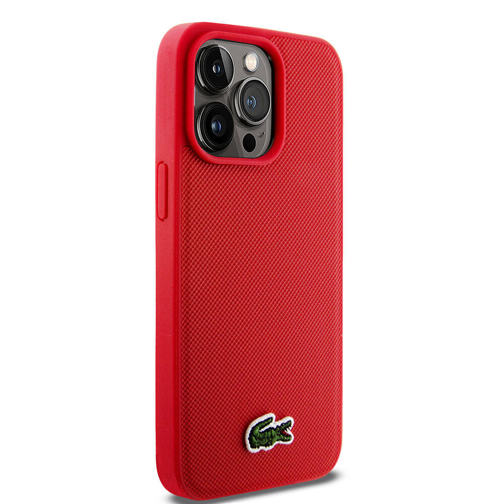 iPhone 15 Pro Max Kılıf Lacoste Orjinal Lisanslı PU Pike Desenli Arka Yüzey İkonik Timsah Dokuma Logolu Kılıf Kırmızı