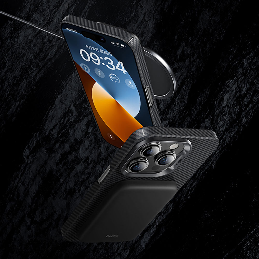 iPhone 15 Pro Max Kılıf Magsafe Özellikli Karbon Fiber Benks Essential ArmorAir 600D Kevlar Kılıf Siyah