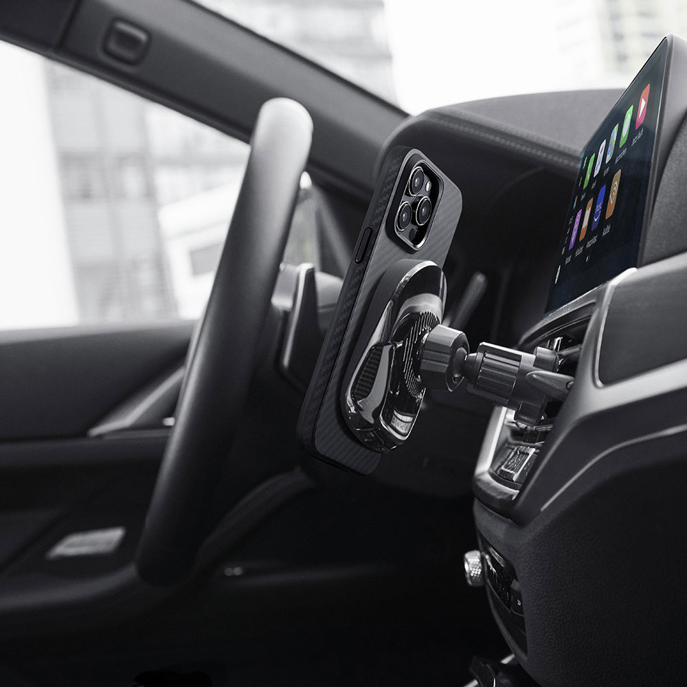 iPhone 15 Pro Max Kılıf Magsafe Şarj Özellikli 1500D Aramid Fiber Pitaka Military-Grade Classic Serisi Black-Grey Twill Kılıf Siyah-Gri