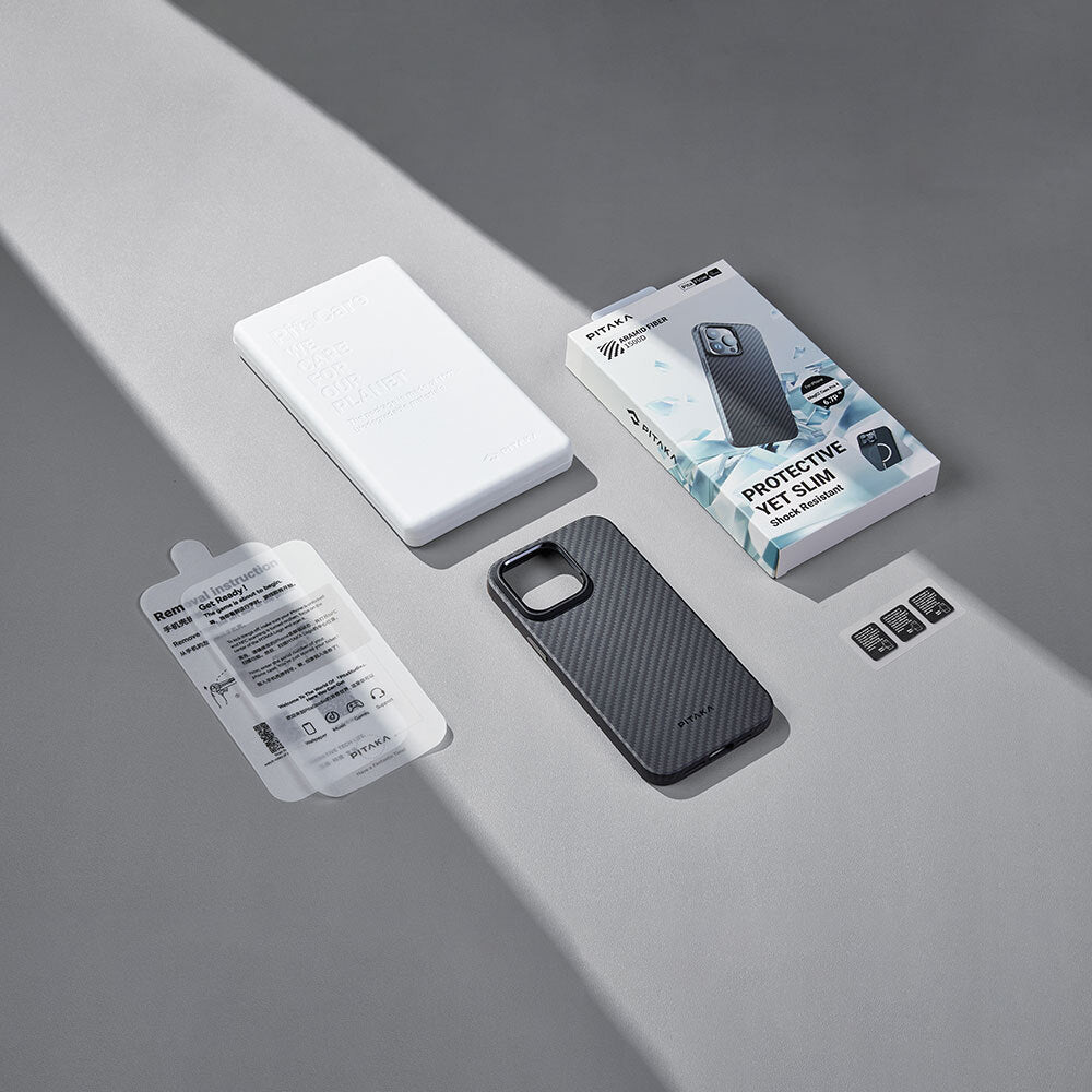 iPhone 15 Pro Max Kılıf Magsafe Şarj Özellikli 1500D Aramid Fiber Pitaka Military-Grade Classic Serisi Black-Grey Twill Kılıf Siyah-Mavi