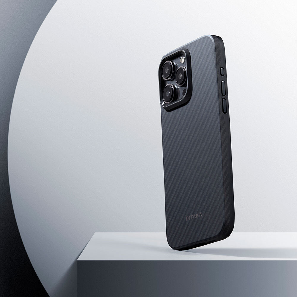 iPhone 15 Pro Max Kılıf Magsafe Şarj Özellikli 1500D Aramid Fiber Pitaka Military-Grade Classic Serisi Black-Grey Twill Kılıf Siyah-Gri