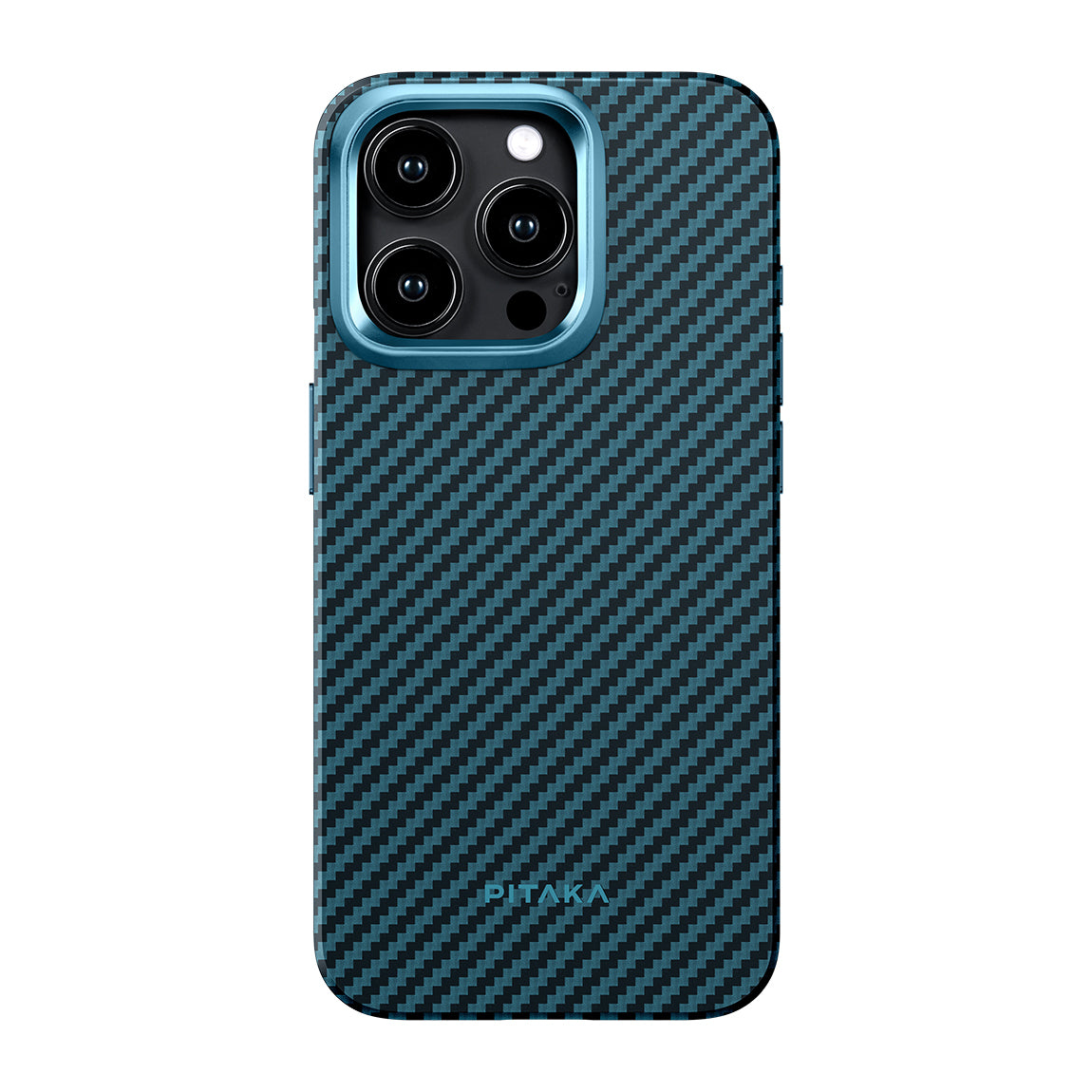 iPhone 15 Pro Max Kılıf Magsafe Şarj Özellikli 1500D Aramid Fiber Pitaka Military-Grade Classic Serisi Black-Grey Twill Kılıf Siyah-Mavi